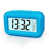 Vicloon Sveglia digitale da comodino, display LED, snooze regolabile 12/24 ore, temperatura, data, timer, controllo della luce, sveglia portatile per camera da letto, casa, ufficio, cucina (blu)