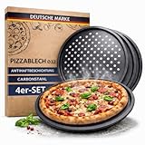 TOPANBIETER 999 Set di 4 teglie per pizza Ø 32 cm – Teglia rotonda forata per pizza e torta di fiamme in acciaio – Rivestimento antiaderente – Resistente al calore fino a 250° - Antracite