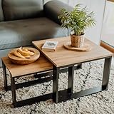 LEHMANN Tavolino Salotto Legno, set di 2 Tavolini da soggiorno in 2 Misure, Tavolini da caffè con Struttura Nera e Piano in Legno, Mobile Soggiorno in stile moderno, Facile da Montare