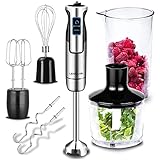 LEHMANN Chowmei Frullatore a Immersione 1200 W, Set 5-in-1 con Frusta, Sbattitore, Tritatutto 600 ml, Misurino 860 ml, Regolazione Velocità a 8 Livelli, Funzione Turbo, Senza BPA, Argento