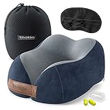 Cuscino da viaggio Collo memory foam Set con Maschera + Auricolari + Borsa Trasporto | Reggicollo fatto da schiuma di memoria Aereo Treno Auto | ergonomico, fodera morbida lavabile | adulti bambini