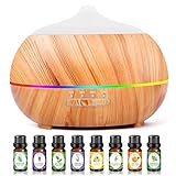 Moisturnt Diffusore di Oli Essenziali Umidificatore Ultrasuoni: 500ML Diffusore di Aromi con 8x10ml Oli Essenziali- Ambienti Legno con 7 Colori LED Vaporizzatore Elettrico per Casa Ufficio Spa Yoga