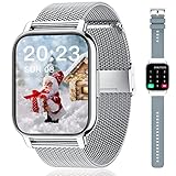 Popglory Smartwatch Uomo Donna, 2 cinturini Orologio Chiamate e Whatsapp, Contapassi Assistente Vocale, Orologio Digitale 24H Cardiofrequenzimetro, Pressione Sanguigna SpO2 Sonno, per Android iOS