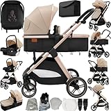 Reenborn Passeggino Trio, Passeggino 3 in 1 con Due Modi Reversibili Spingere, Trio Neonati con Design Pieghevole in Un Clic, Telaio Alluminio Paesaggistico Alto (V10 Beige)