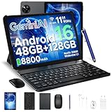 POPUX P11 Tablet Android 16, 48GB RAM+128GB ROM (2TB TF), Tablet 11 Pollici Con Gemini AI, T7250 Octa-Core, 8800mAh, 13MP+5MP, 90Hz, Widevine L1, Face ID, GPS, FM, Tablets Con Tastiera e Penna, Nero