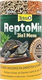 ReptoMin Menu Turtle Food - Mangime 3 in 1 assortito con bastoncini, krill e gamberetti per tartarughe acquatiche, lattina da 250 ml