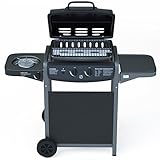 EGLEMTEK Barbecue A Gas Con Termometro Grill BBQ Portatile Con Fornello Laterale Ruote Acciaio Compatto Per Giardino Campeggio E Outdoor Alimentazione GPL Butano Propano Con Piano Appoggio Nero