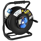 Electraline 49059 Prolunga in Gomma 3G2.5 mm² con Avvolgicavo, 2 Prese Industriali IEC e 1 Schuko Spina a 3 Poli Adatto per Camper, Campeggio, Caravan, Barca, Cantiere, Nero, 40 m