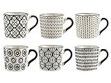 H&H Vhera Set 6 Tazze da Tè/Caffè lungo, in Stoneware (220 cc) – Eleganti in Bianco/Nero con Motivo Geometrico – Adatte a Lavastoviglie e Microonde