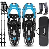 Odoland Ciaspole da Neve 4 in 1 con Alzatacco per Uomo Donna Gioventù, Racchette da Neve Set per Tutti i Terreni con Bastoncini Trekking, Ghette Gambe Impermeabile e Borsa Portatile, Nero Blu, M