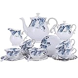 fanquare 15 Pezzi Servizio da tè in Porcellana con Fiori Blu,Servizio da caffè Vintage in Ceramica con Fiori di Rosa,Servizio da tè per Matrimoni per Adulti