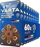 VARTA Batterie per apparecchi acustici tipo 312, 60 pezzi, marrone, pile Power on Demand, confezione economica, per amplificatore acustico, Made in Germany
