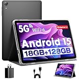 Tablet 10 Pollici, Tablet Android 15 con Cover, Unisoc T30 Quad-Core, 18 GB RAM + 128 GB ROM + 1 TB TF, Display HD IPS 1280x800, Fotocamera Doppia 5MP + 8MP, 6000 mAh, WiFi 6, Widevine L1, GPS (K70)