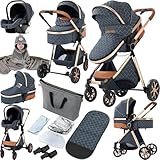 Prokoke Passeggino Trio, Trio Passeggino Neonati con Due Modi Reversibili per Spingere, Passeggini 3 in 1 con Una Lega di Alluminio a Cornice, Tris con Design Pieghevole in Un Clic (225 Denim Blue)