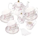 fanquare Set da Tè in Porcellana, Set Tazza da Tè e Piattino, Servizio da Tè da Sei,Nozze Teiera Zuccheriera Crema Brocca, Servizio da Caffè di Fiori China, Rosa Rossa