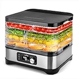 LEHMANN Essiccatore in acciaio inox, 450 W, disidratatore per alimenti con 5 vani di essiccazione, disidratatore con regolatore di temperatura 35 – 70 °C, essiccatore per frutta, funghi, carne, erbe