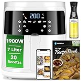 Aigostar Friggitrice ad Aria 7L Smart 1900W - WiFi/App con Ricette, 7 Programmi, Schermo LED Touch, Circolazione Aria 360°, Cottura Senza Olio, Cestello Rimovibile Lavabile in Lavastoviglie, bianco