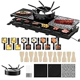 UISEBRT Raclette Grill per 12 persone, macchina da raclette 3 in 1 con padella, set per fonduta, pietra calda, 12 padelle e 12 spatole per legno, piastra per raclette antiaderente, 1650 W