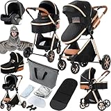 Prokoke Passeggino Trio, Trio Passeggino Neonati con Due Modi Reversibili per Spingere, Passeggini 3 in 1 con Una Lega di Alluminio a Cornice, Tris con Design Pieghevole in Un Clic (225 Black)