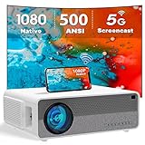 ANXONIT Proiettore Nativo 1080P, Videoproiettore Full HD 500 ANSI Lumen,Screencast WiFi 5G, Doppi Altoparlanti 8W con Bluetooth, Schermo 300' Home Theater bianco