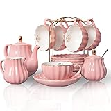 Sweejar Home Set da tè in porcellana Royal Family, 225 ml, per tazze e piattini con teiera, zuccheriera, brocca per latte in ceramica e tazze da caffè (rosa)