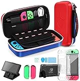 Kit Accessori 4 in 1 per Nintendo Switch, Include Vendfine custodia trasporto per Nintend Switch / Cover Protettiva Trasparente / Film protettivo temperato / Supporto regolabile（Rosso/Blu）