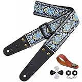 Tracolla Chitarra (Fiore Azzurro) - Cinghia di Cotone Ricamato Vintage con Estremità in Vera Pelle per Basso, Chitarre Elettriche e Acustiche, Miglior Regalo per Bambini, Uomini e Donne Chitarristi