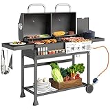 Outsunny Barbecue a Carbone e Gas in Acciaio, BBQ a Gas 2+1 Bruciatori da 7kW con Coperchio, Termometro, Ruote, Ripiani Laterali e Inferiore, Vaschetta Raccogli Grasso, Regolatore e Tubo, Nero