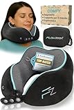 FLOWZOOM Comfy Cuscino da Viaggio per Aereo e Auto – Cuscino per il Collo Regolabile in Schiuma Memory con Supporto a 360°, Fodera Vellutata Lavabile e Sacchetto in Rete per il Trasporto – Nero