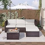 KecDuey Mobili da giardino in polyrattan, divano da giardino, divano angolare, divano con cuscino per seduta e schienale, tavolo lounge con piano in vetro (Marrone)
