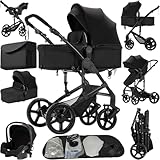 Reenborn Passeggino Trio, Passeggino 3 in 1 con Due Modi Reversibili Spingere, Trio con Design Pieghevole in Un Clic, Trio Passeggino Neonati con Telaio Alluminio Paesaggistico Alto (588 Black)