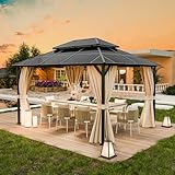 UDPATIO Gazebo da Giardino 3x4 m in Policarbonato, Doppio Tetto con Tende, Gazebo per Esterni Resistente al Vento e UV, Struttura in Alluminio per Giardino, Terrazza, Champagne