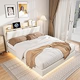 MINGZHE Letto imbottito 160 x 200 cm, PU con illuminazione LED RGB, letto matrimoniale con porte USB e prese conformi alle norme europee, design galleggiante, materasso non incluso, bianco