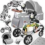KESSER® Carrozzina 3in1 Loops, Carrozzina Combinata con navicella, Seggiolino sportivo, Seggiolino auto, Borsa Fasciatoio, Parapioggia, Tavolino per Bambini, Grigio Asfalto/Argento