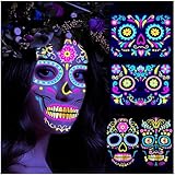 4 fogli adesivi per tatuaggi di Halloween viso luminoso diapositiva de los muertos tatuaggio per il viso costume da uomo donna accessori per il trucco Glow nel buio giorno dello scheletro morto