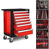 EBERTH Carrello Porta Attrezzi con 167 pezzi, 7 cassetti di cui 5 pieni di utensili, Carrello Attrezzi Completo in Acciaio a Doppia Parete, Verniciatura a Polvere Rossa, Ruote girevoli Freno di Blocco