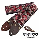 Nefelibata tracolla per chitarra, cinghie per chitarra in cotone con ricamo jacquard e estremità in pelle di cavallo pazzo per basso, elettrico e acustico, i migliori regali per bambini, chitarristi
