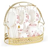 fanquare 21 Pezzi di Servizio da Tè in Porcellana Vintage, Foglie di Tè Rosso Pomeridiano Set, Servizio da Caffè in Ceramica con Cucchiai di Supporto per le Donne di Matrimonio