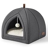 Bedsure Cuccia Gatti Tana Gatti - 40 x 40 x 40 cm Casa per Gatti da Interno con Cuscino Sherpa Rimovibile e Giocattolo Appeso, Cuccia Lavabile, Grigio Scuro