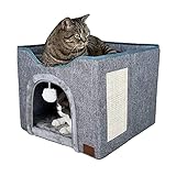 YUDOXN Cuccia per gatti e cani piccoli, Casa pieghevole con terrazza, palla morbida da appendere e grattare, grigio (Large)