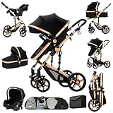 Aveainelle Passeggino 3 in 1, Trio Neonati da Viaggio Reversibile, Passeggino Pieghevole One-Click e Accessori Completi, Doppia Modalità di Freno per Ruote Anteriori e Posteriori (588 Black Gold)