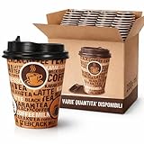 ecodrinks 200 Bicchieri di Carta con Coperchio da 240ml - Ideali per Cappuccino, Tè, Caffè - Biodegradabile e Resistenti - Per Bar, Ufficio e Asporto - Design con Scritta Coffee/Latte
