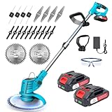 Decespugliatore a Batteria 200W, Tagliaerba Elettrico a Batteria con 2 x21V Batterie, Tagliabordi Batterias con 4 Tipi di Lame, Tagliaerba da Giardino Elettrico, Maniglia a Scomparsa 71-106 cm