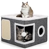 Shikha Letti Pieghevoli per Gatti da Interno, 43 x 43 x 32 cm, Grande Cuccia per Gatti con tiragraffi e Palla da Gioco, Cubo Gatto a 2 Livelli con Morbidi Cuscini bifacciali per Tutte Le Stagioni