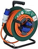 Electraline 49208 Prolunga in gomma con Avvolgicavo 25M per camper, campeggio, caravan, IP44, 2 prese (industriale+Schuko), Spina CEE, Cavo H07RN-F 3G2.5mm, 25M, Camping, Verde