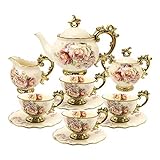 fanquare 15 Pezzi Servizio da Tè in Porcellana Inglesi, Vintage Set Tazzine da Caffè Cinese con Fiori di Rosa, Servizio di Caffè per Matrimoni