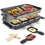 Raclette 8 Persone Piastra Raclette Grill in Alluminio, 8 Pentolini da Raclette, Calore Regolabile Continuo Termostato, 1500 Watt