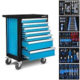 EBERTH Carrello Porta Attrezzi con 167 pezzi, 7 cassetti di cui 5 pieni di utensili, Carrello Attrezzi Completo in Acciaio a Doppia Parete, Verniciatura a Polvere Blu, Ruote girevoli Freno di Blocco