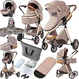 Prokoke Passeggino Trio, Trio Passeggino Neonati con Due Modi Reversibili per Spingere, Passeggini 3 in 1 con Una Lega di Alluminio a Cornice, Tris con Design Pieghevole in Un Clic (225 Khaki)