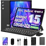 Tablet 10 Pollici Android 15 con Gemini AI, 30GB RAM 128GB ROM+2TB Esp., Octa-Core, WiFi 6 BT 5.0, Widevine L1, Batteria 8000mAh, Fotocamera 8/5 MP, Tastiera Mouse Custodia, Corpo in Metallo - Nero